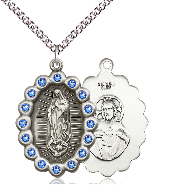 Sterling Silver Our Lady of Guadalupe Pendant with Sapphire Swarovski stones on a 24 inch Sterling Silver Heavy Curb chain