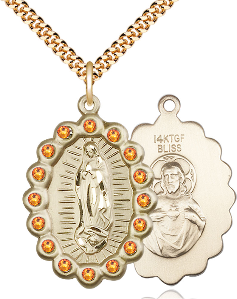 14kt Gold Filled Our Lady of Guadalupe Pendant with Topaz Swarovski stones on a 24 inch Gold Plate Heavy Curb chain