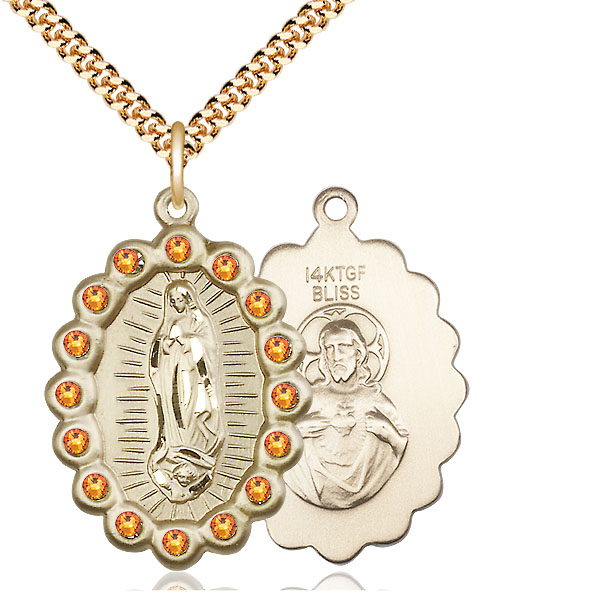 14kt Gold Filled Our Lady of Guadalupe Pendant with Topaz Swarovski stones on a 24 inch Gold Plate Heavy Curb chain