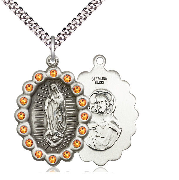 Sterling Silver Our Lady of Guadalupe Pendant with Topaz Swarovski stones on a 24 inch Light Rhodium Heavy Curb chain