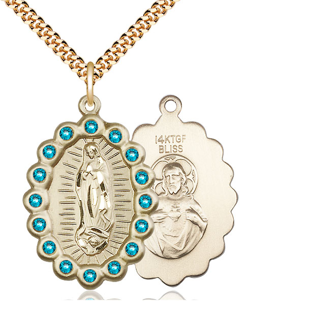 14kt Gold Filled Our Lady of Guadalupe Pendant with Zircon Swarovski stones on a 24 inch Gold Plate Heavy Curb chain