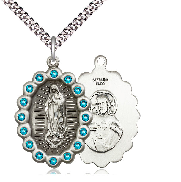 Sterling Silver Our Lady of Guadalupe Pendant with Zircon Swarovski stones on a 24 inch Light Rhodium Heavy Curb chain