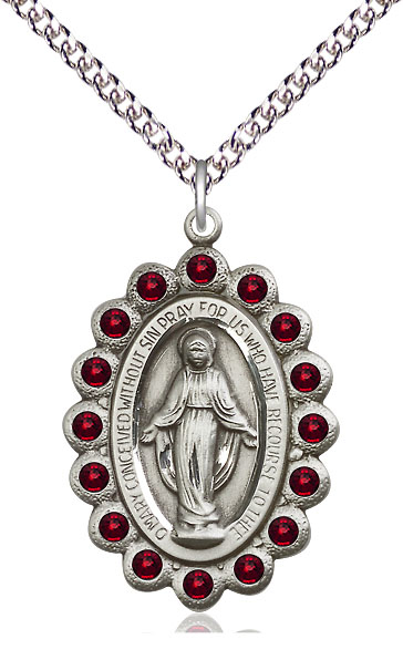 Sterling Silver Miraculous Pendant with Garnet Swarovski stones on a 24 inch Sterling Silver Heavy Curb chain
