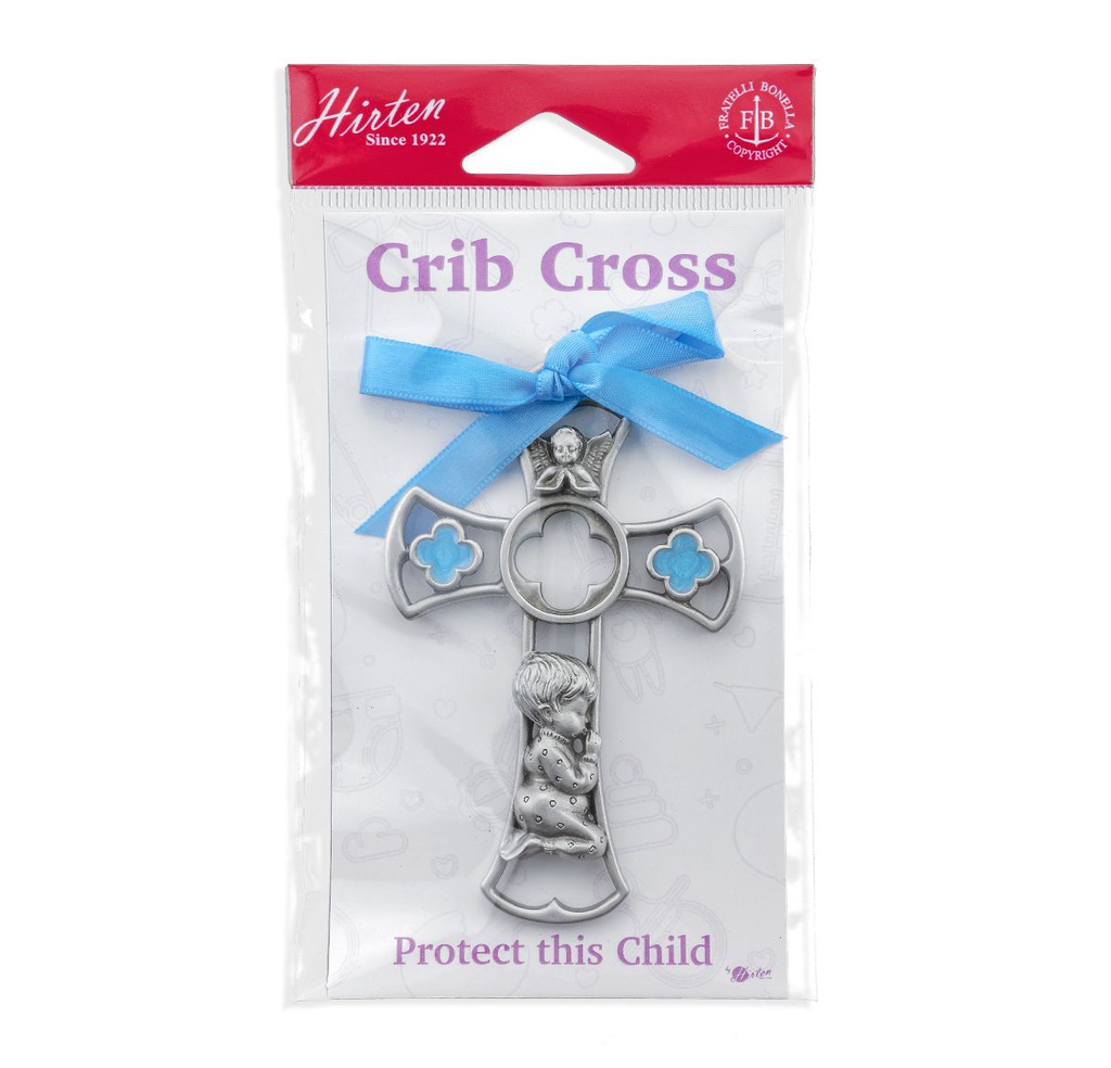 Genuine Pewter Baby Boy Cross with Blue Epoxy and Ribbon.