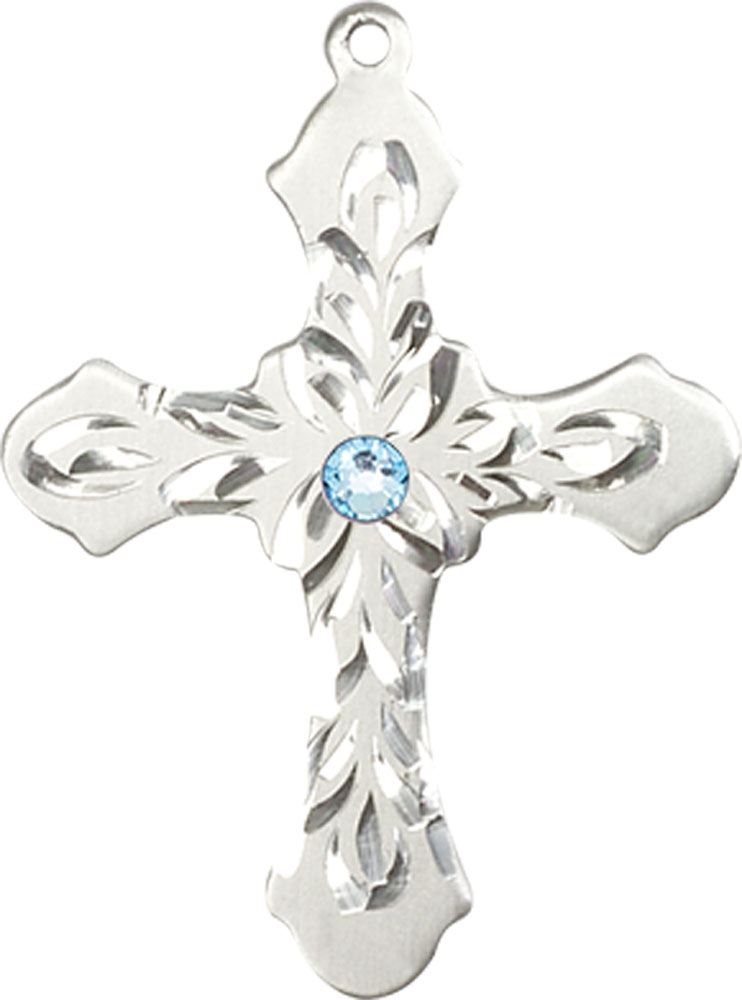 Sterling Silver Cross Medal with a 3mm Aqua Swarovski stone