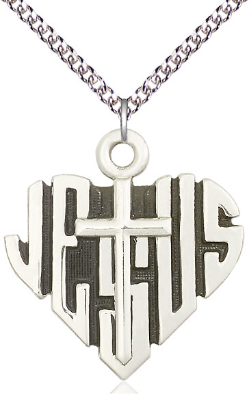 Sterling Silver Heart of Jesus w/Cross Pendant on a 24 inch Sterling Silver Heavy Curb chain