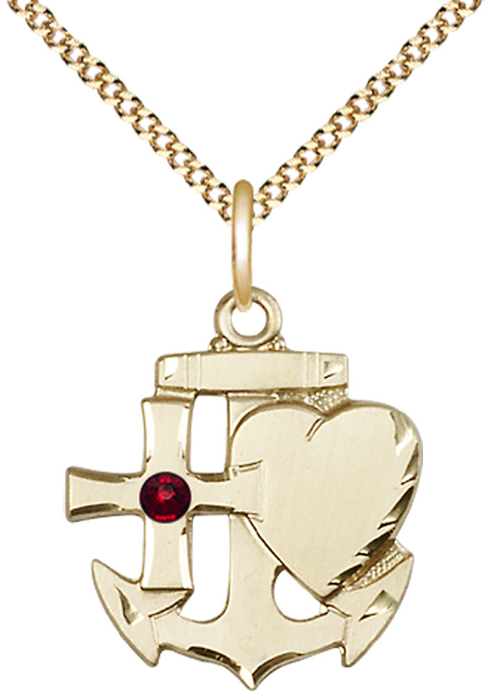 14kt Gold Filled Faith, Hope &amp; Charity Pendant with a 3mm Garnet Swarovski stone on a 18 inch Gold Plate Light Curb chain