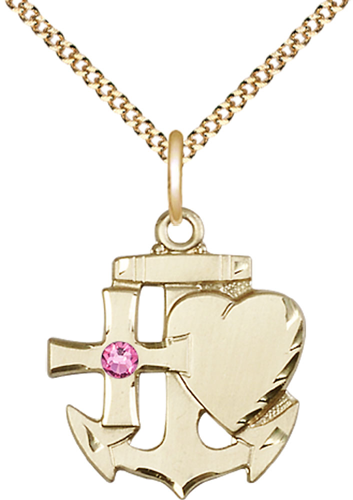 14kt Gold Filled Faith, Hope &amp; Charity Pendant with a 3mm Rose Swarovski stone on a 18 inch Gold Plate Light Curb chain