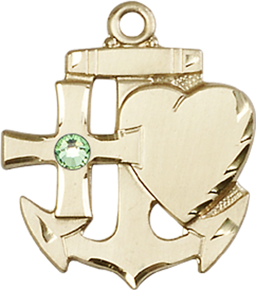 14kt Gold Filled Faith, Hope &amp; Charity Medal with a 3mm Peridot Swarovski stone