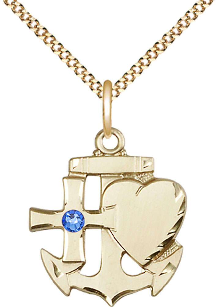 14kt Gold Filled Faith, Hope &amp; Charity Pendant with a 3mm Sapphire Swarovski stone on a 18 inch Gold Plate Light Curb chain