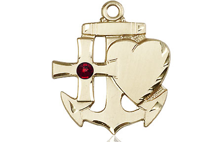 14kt Gold Faith, Hope &amp; Charity Medal with a 3mm Garnet Swarovski stone