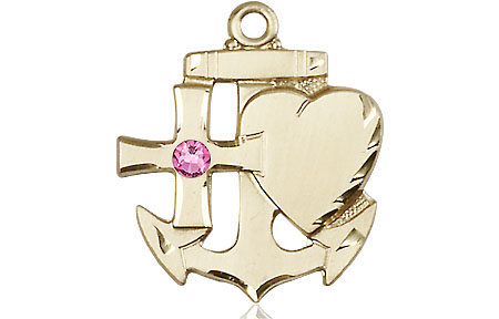 14kt Gold Faith, Hope &amp; Charity Medal with a 3mm Rose Swarovski stone