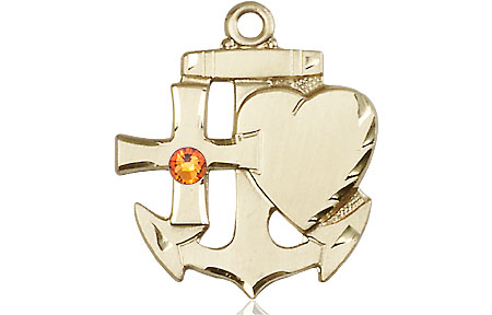 14kt Gold Faith, Hope &amp; Charity Medal with a 3mm Topaz Swarovski stone