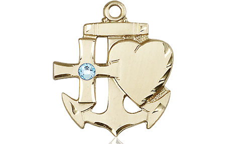 14kt Gold Faith, Hope &amp; Charity Medal with a 3mm Aqua Swarovski stone