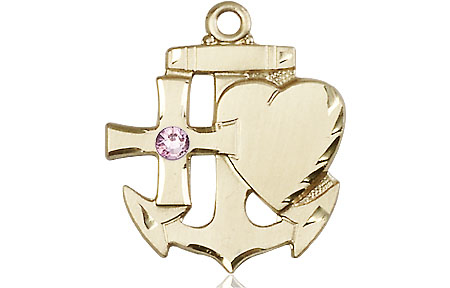 14kt Gold Faith, Hope &amp; Charity Medal with a 3mm Light Amethyst Swarovski stone