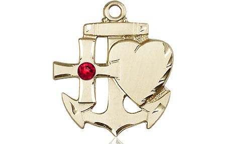14kt Gold Faith, Hope &amp; Charity Medal with a 3mm Ruby Swarovski stone