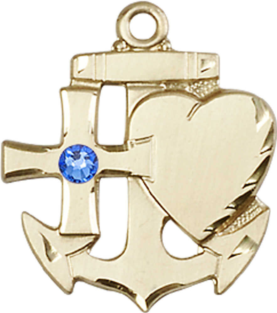 14kt Gold Faith, Hope &amp; Charity Medal with a 3mm Sapphire Swarovski stone