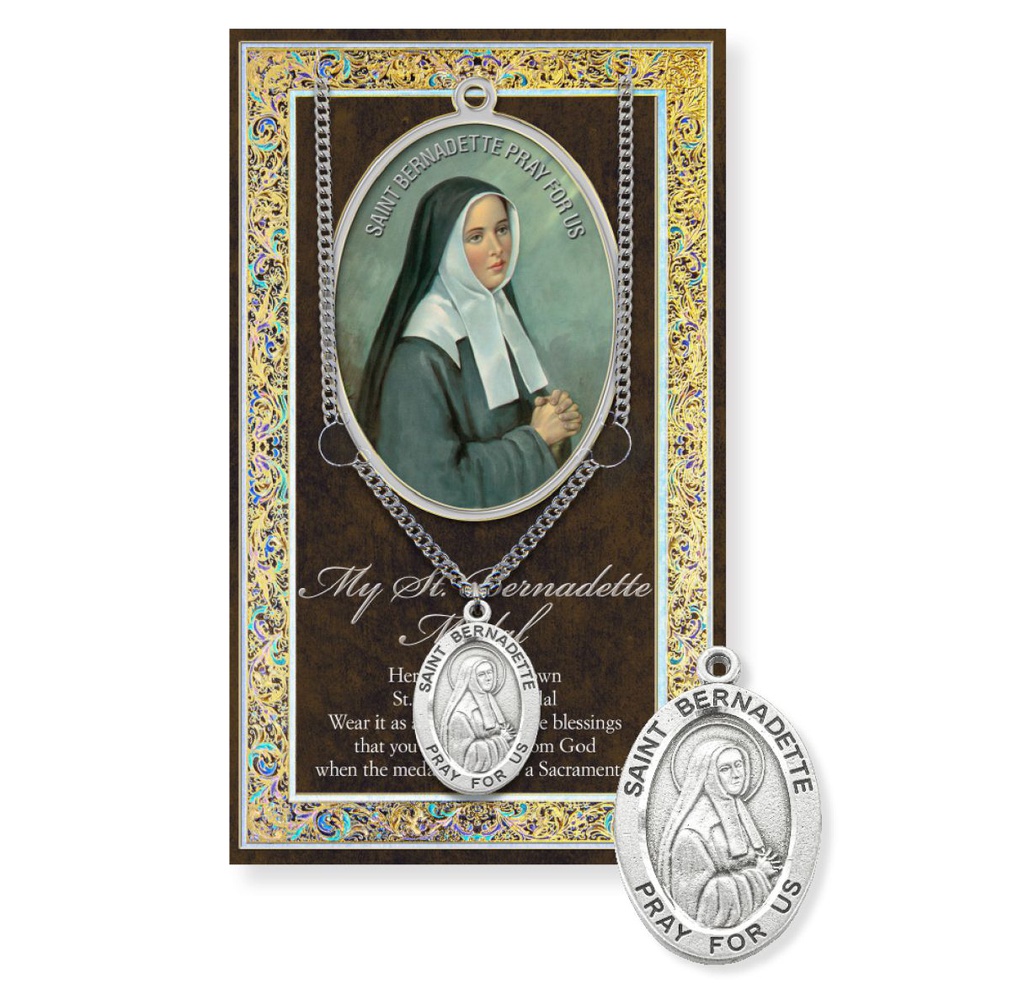 St. Bernadette Genuine Pewter Medal on a 24" Chain with Biography and Picture Folder