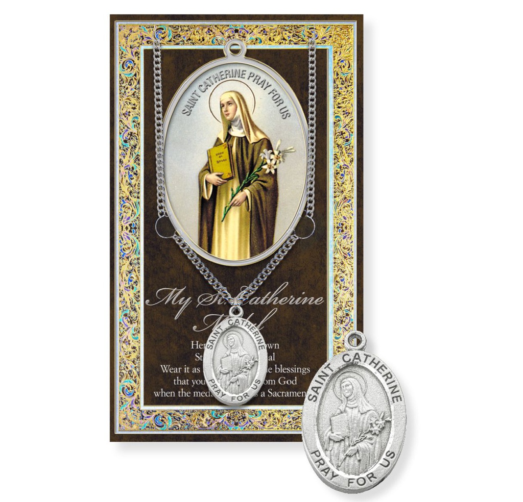 St. Catherine Genuine Pewter Medal on a 24&quot; Chain with Biography and Picture Folder