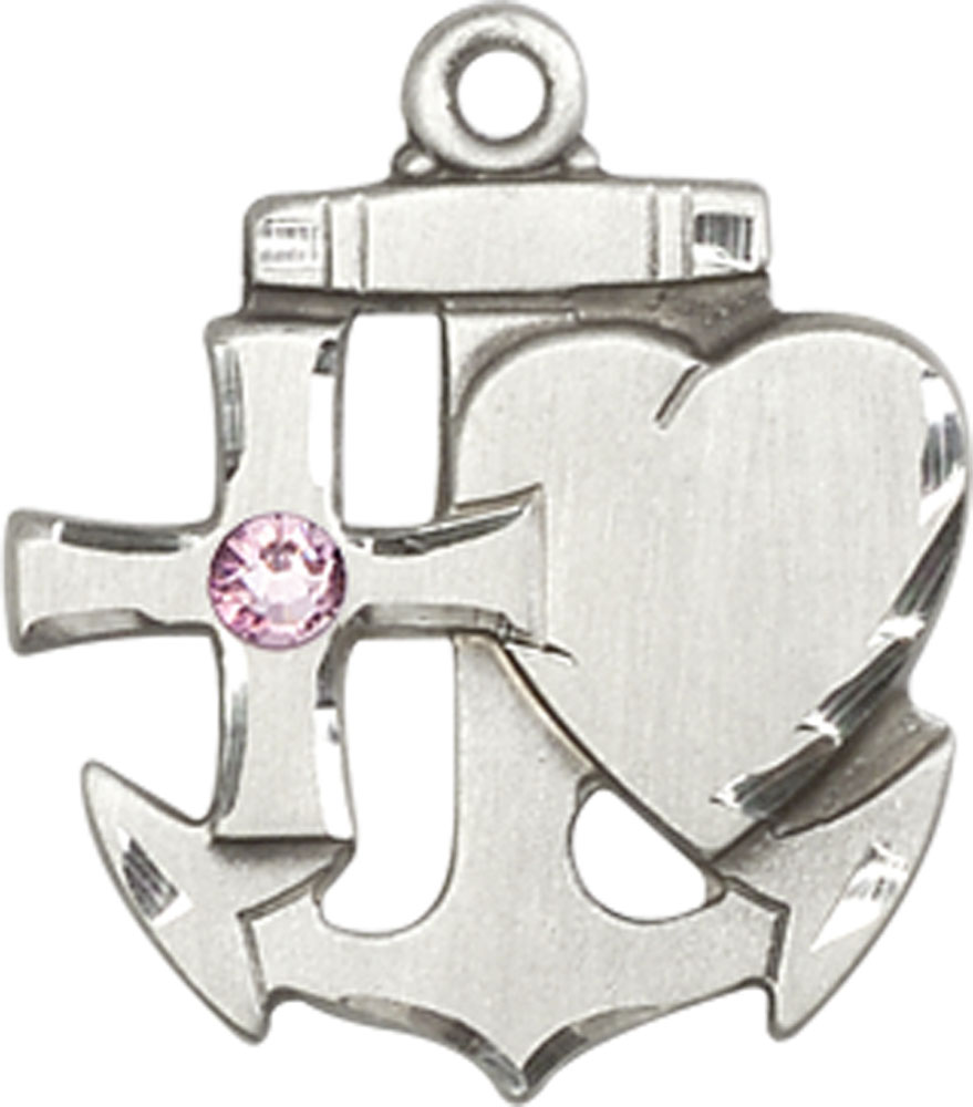 Sterling Silver Faith, Hope &amp; Charity Medal with a 3mm Light Amethyst Swarovski stone