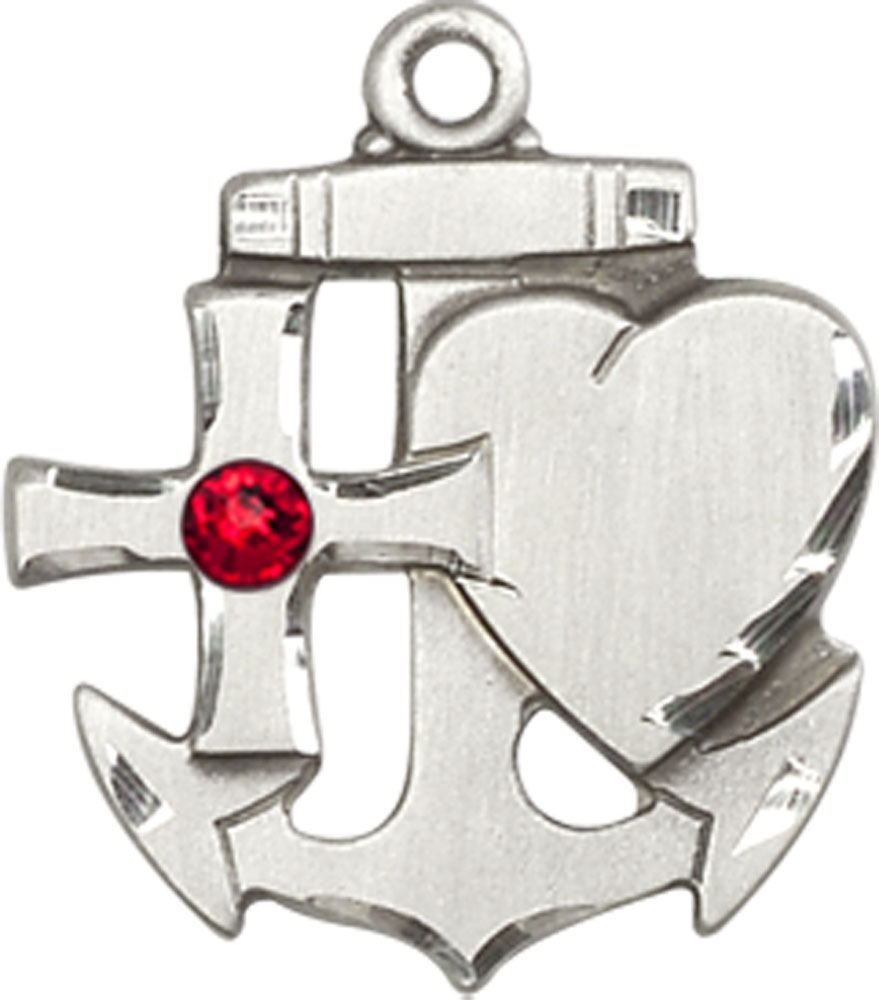 Sterling Silver Faith, Hope &amp; Charity Medal with a 3mm Ruby Swarovski stone
