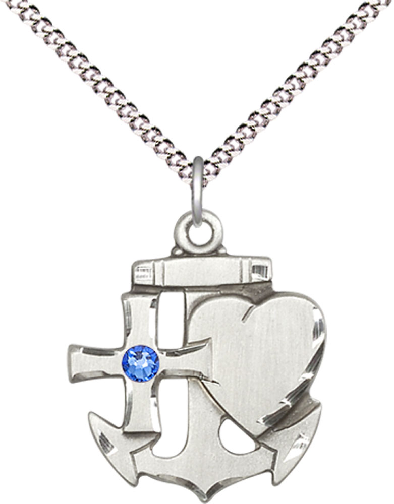 Sterling Silver Faith, Hope &amp; Charity Pendant with a 3mm Sapphire Swarovski stone on a 18 inch Light Rhodium Light Curb chain