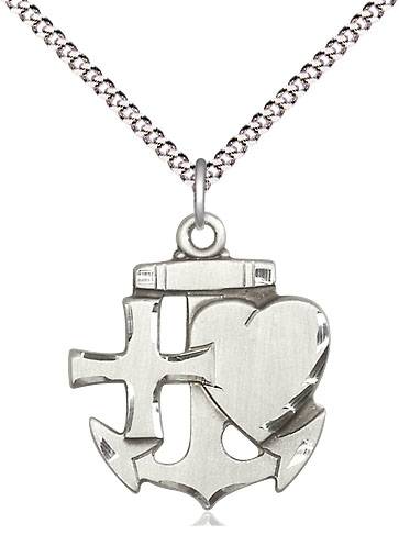 Sterling Silver Faith, Hope &amp; Charity Pendant on a 18 inch Light Rhodium Light Curb chain