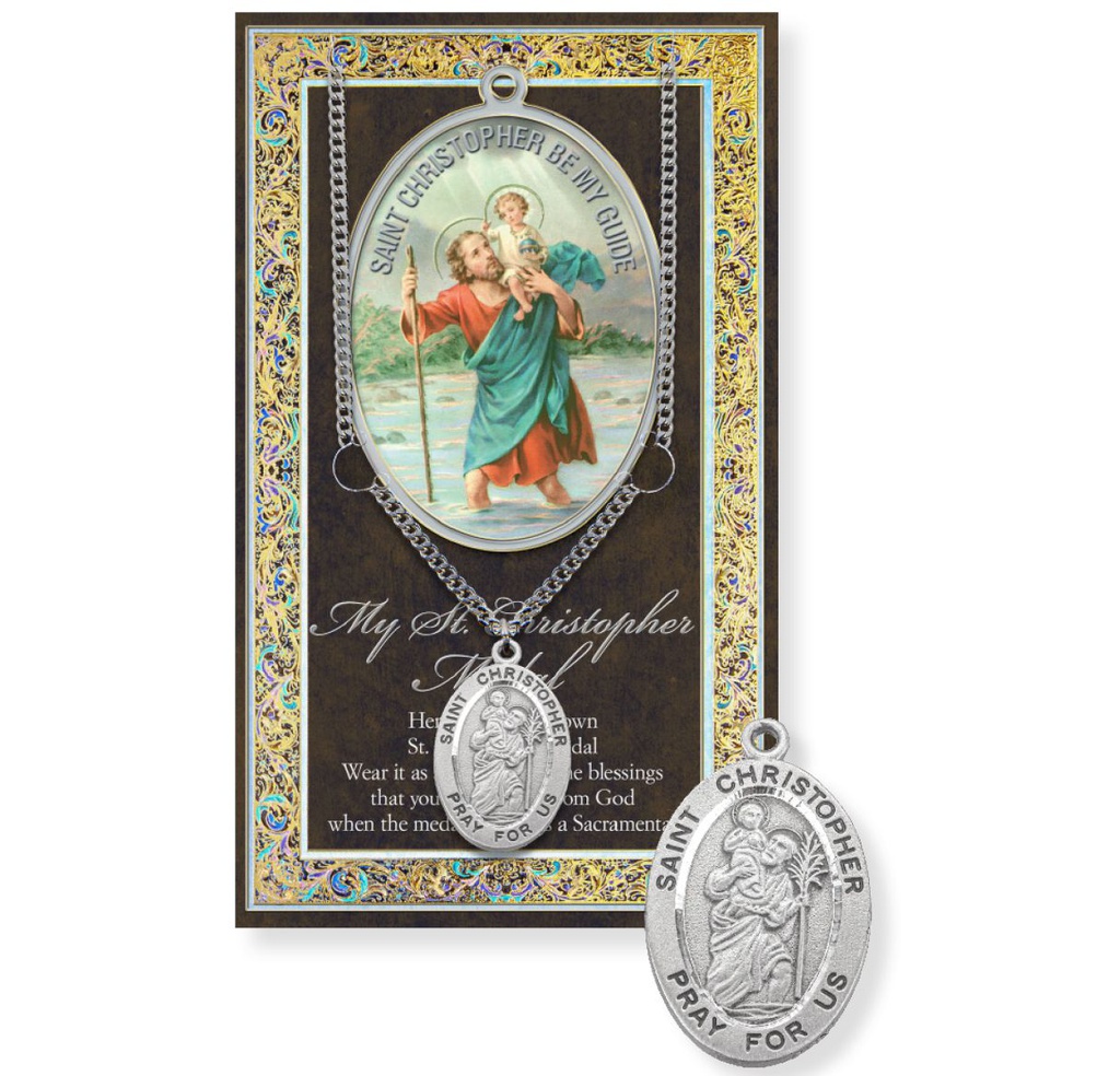 St. Christopher w/chain Pewter Medal on a 24" Chain w/Bio. and Picture Folder