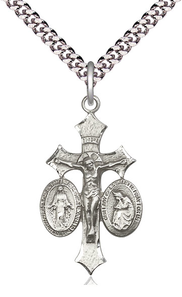 Sterling Silver Jesus, Mary, Our Lady of La Salette Pendant on a 24 inch Light Rhodium Heavy Curb chain