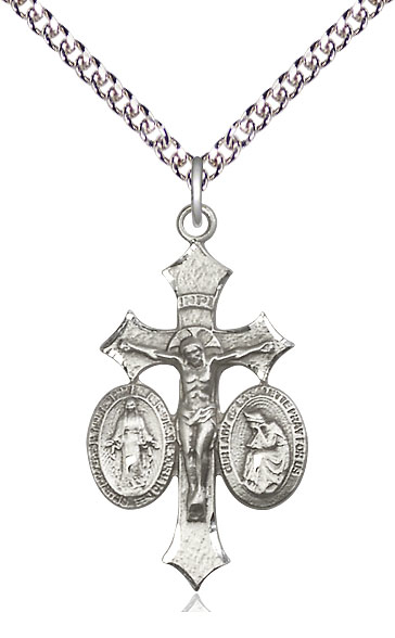 Sterling Silver Jesus, Mary, Our Lady of La Salette Pendant on a 24 inch Sterling Silver Heavy Curb chain