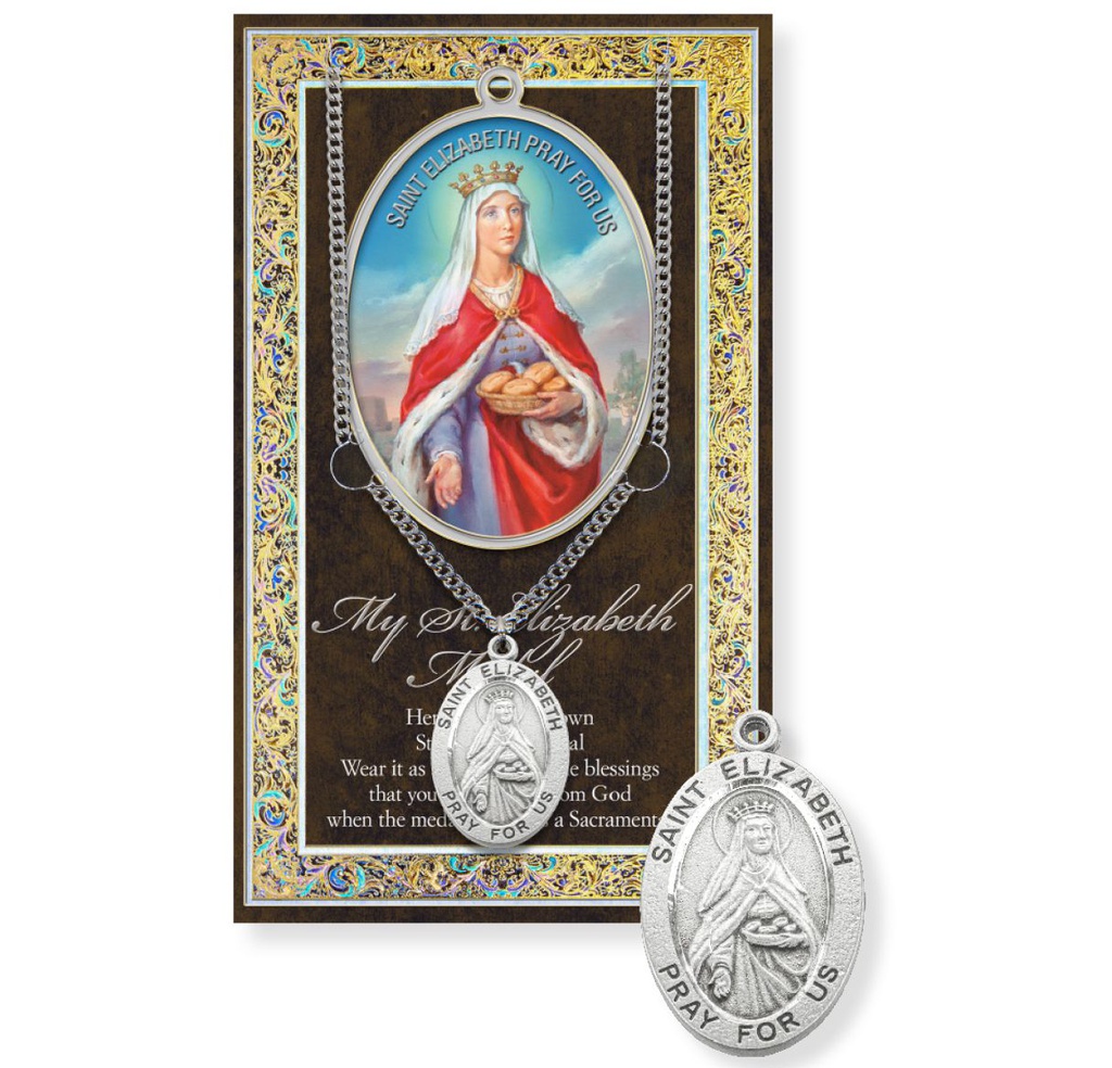 St. Elizabeth Genuine Pewter Medal on a 24&quot; Chain with Biography and Picture Folder