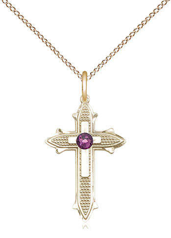 14kt Gold Filled Cross on Cross Pendant with a 3mm Amethyst Swarovski stone on a 18 inch Gold Filled Light Curb chain