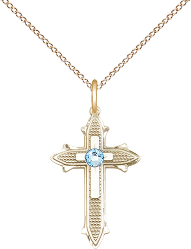 14kt Gold Filled Cross on Cross Pendant with a 3mm Aqua Swarovski stone on a 18 inch Gold Filled Light Curb chain