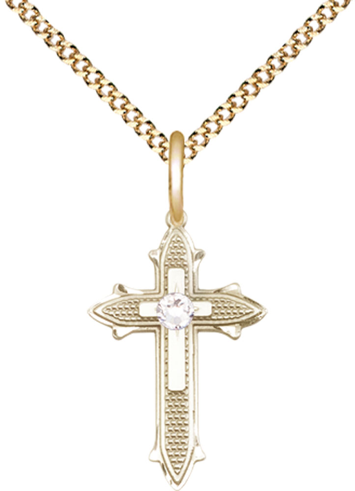 14kt Gold Filled Cross on Cross Pendant with a 3mm Crystal Swarovski stone on a 18 inch Gold Plate Light Curb chain