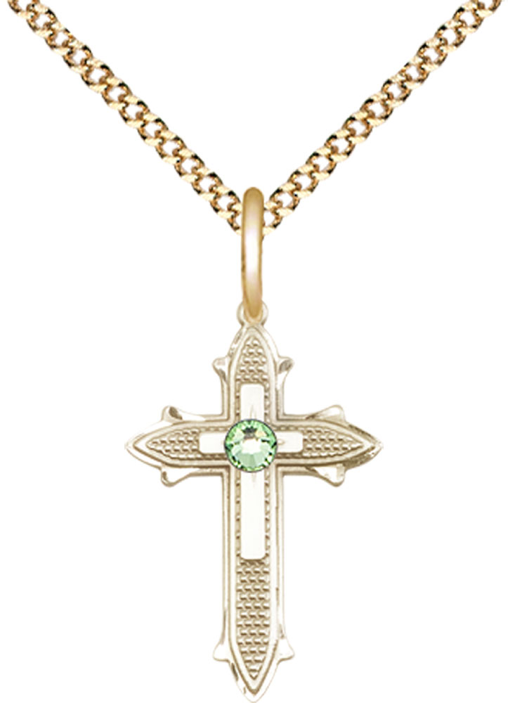 14kt Gold Filled Cross on Cross Pendant with a 3mm Peridot Swarovski stone on a 18 inch Gold Plate Light Curb chain