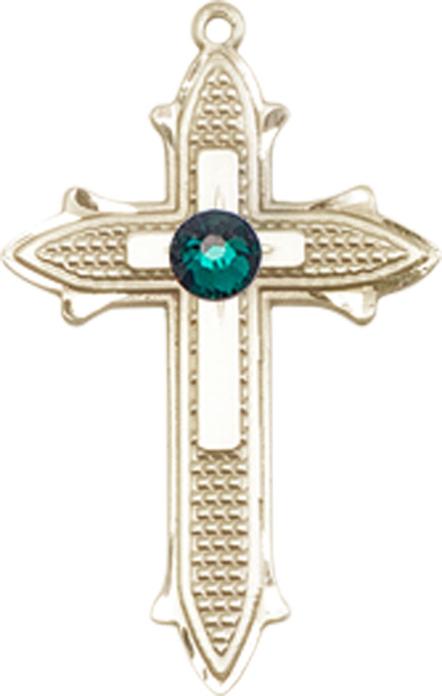 14kt Gold Cross on Cross Medal with a 3mm Emerald Swarovski stone