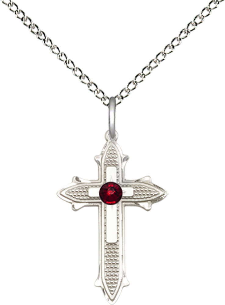 Sterling Silver Cross on Cross Pendant with a 3mm Garnet Swarovski stone on a 18 inch Sterling Silver Light Curb chain