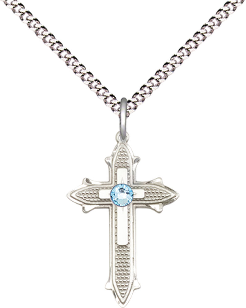 Sterling Silver Cross on Cross Pendant with a 3mm Aqua Swarovski stone on a 18 inch Light Rhodium Light Curb chain
