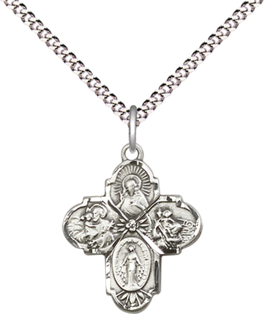Sterling Silver 4-Way Pendant on a 18 inch Light Rhodium Light Curb chain