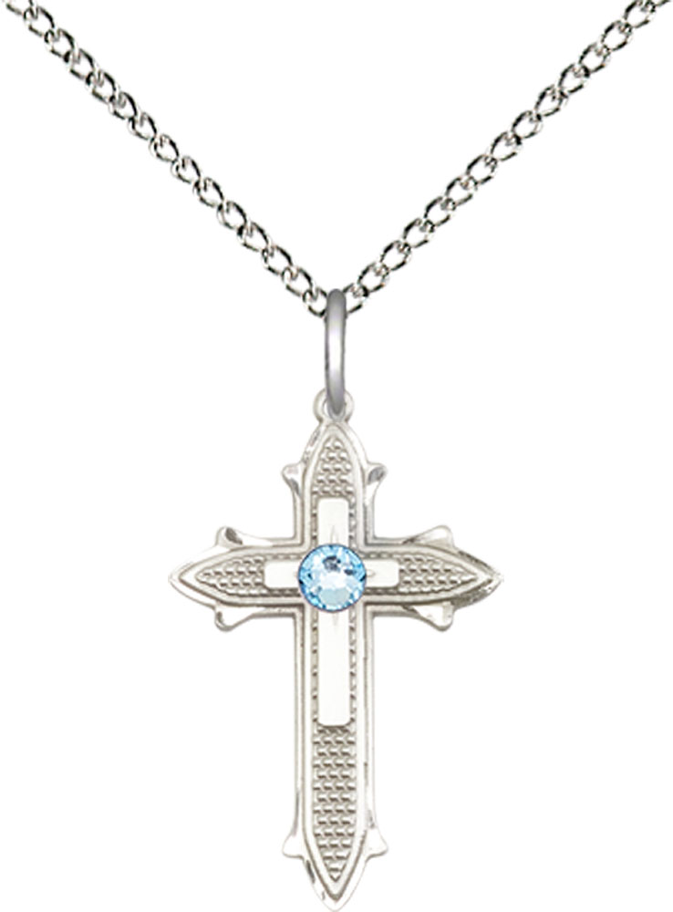 Sterling Silver Cross on Cross Pendant with a 3mm Aqua Swarovski stone on a 18 inch Sterling Silver Light Curb chain