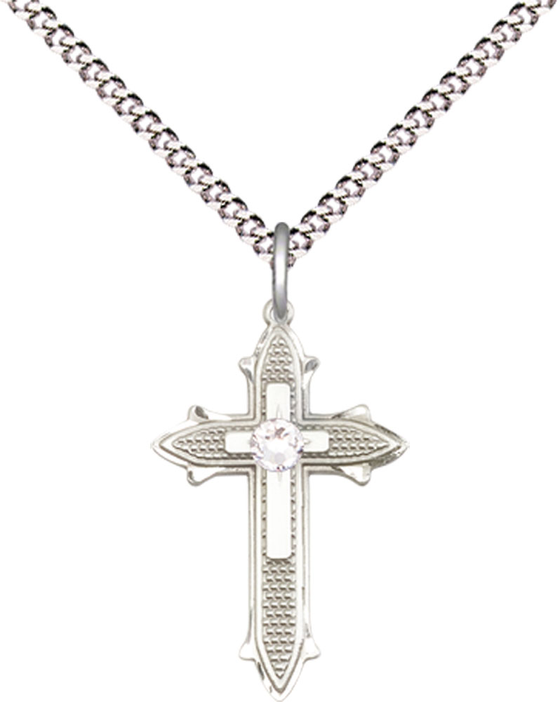 Sterling Silver Cross on Cross Pendant with a 3mm Crystal Swarovski stone on a 18 inch Light Rhodium Light Curb chain
