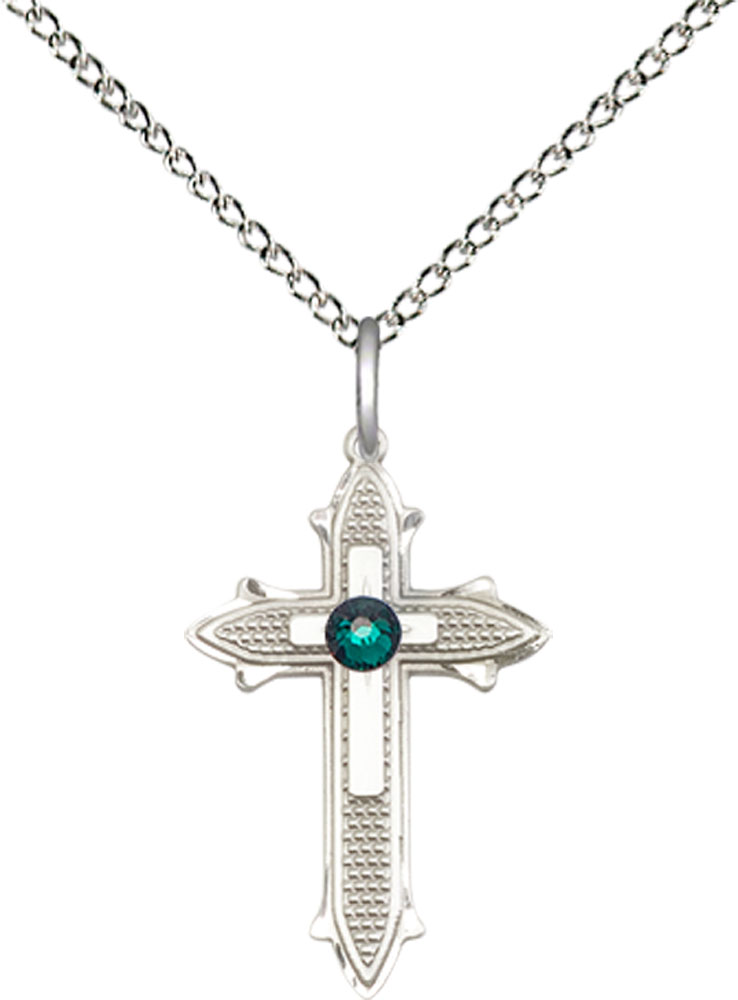 Sterling Silver Cross on Cross Pendant with a 3mm Emerald Swarovski stone on a 18 inch Sterling Silver Light Curb chain