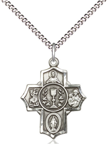Sterling Silver Communion 5-Way Pendant on a 18 inch Light Rhodium Light Curb chain