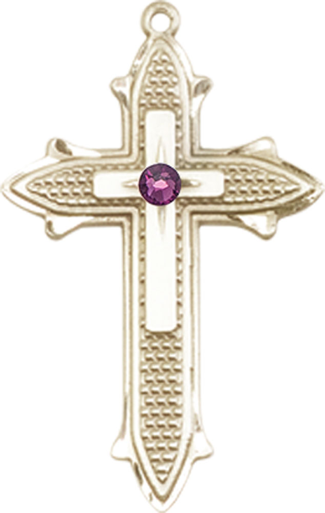 14kt Gold Filled Cross on Cross Medal with a 3mm Amethyst Swarovski stone