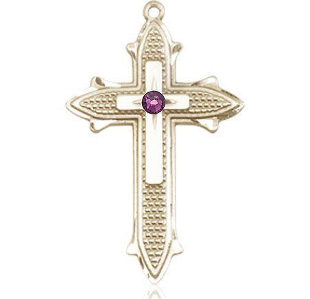14kt Gold Cross on Cross Medal with a 3mm Amethyst Swarovski stone