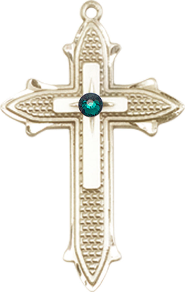 14kt Gold Cross on Cross Medal with a 3mm Emerald Swarovski stone