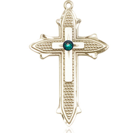 14kt Gold Cross on Cross Medal with a 3mm Emerald Swarovski stone