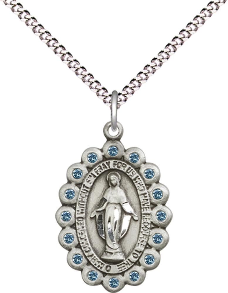 Sterling Silver Miraculous Pendant with Aqua Swarovski stones on a 18 inch Light Rhodium Light Curb chain