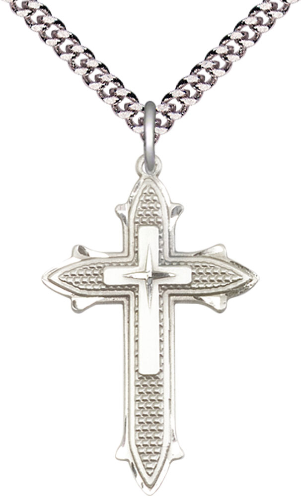 Sterling Silver Cross on Cross Pendant on a 24 inch Light Rhodium Heavy Curb chain