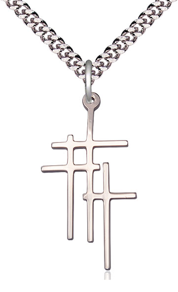 Sterling Silver Triple Cross Pendant on a 24 inch Light Rhodium Heavy Curb chain